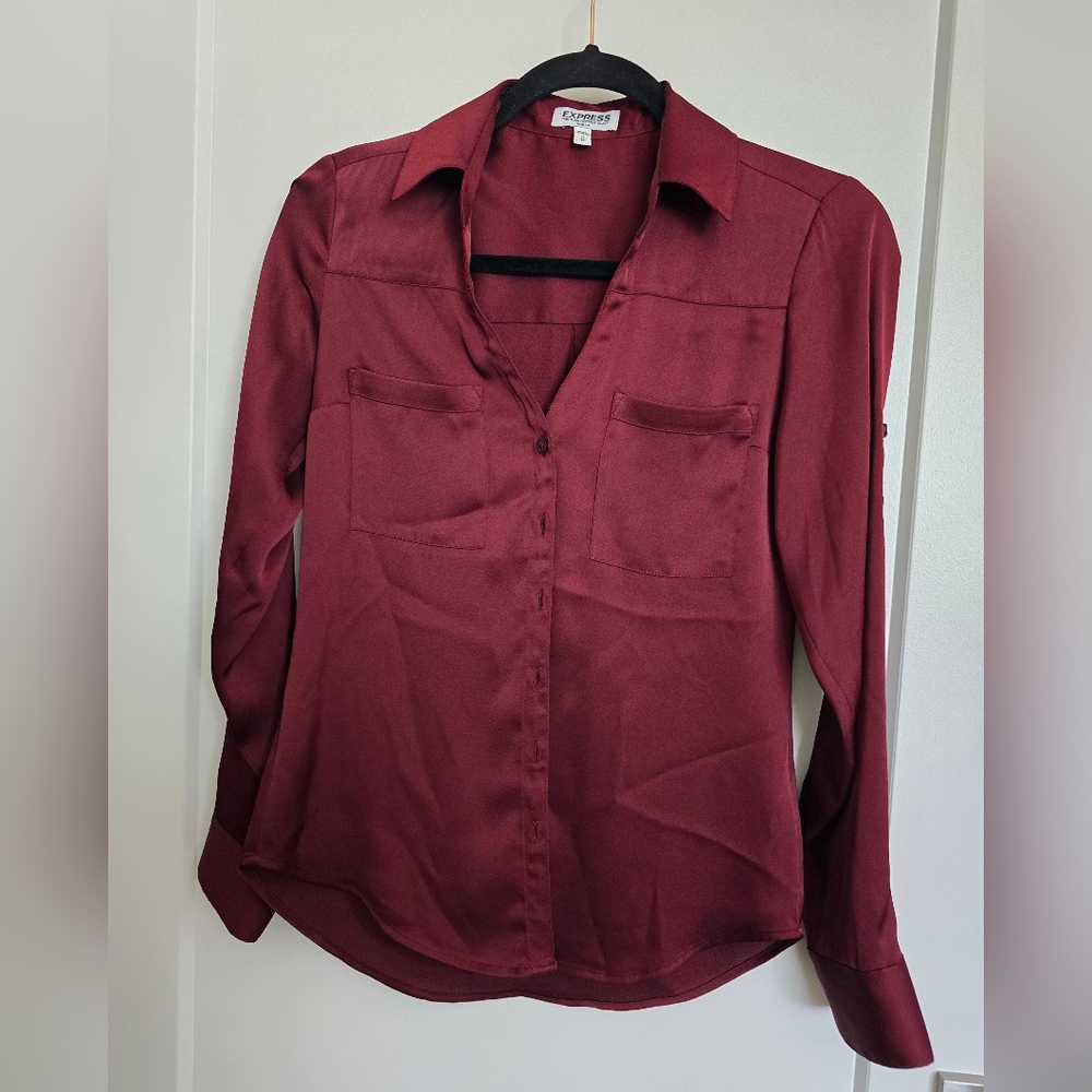 Express Portofino Slim Fit Burgundy Button-Up Blouse Size XS
